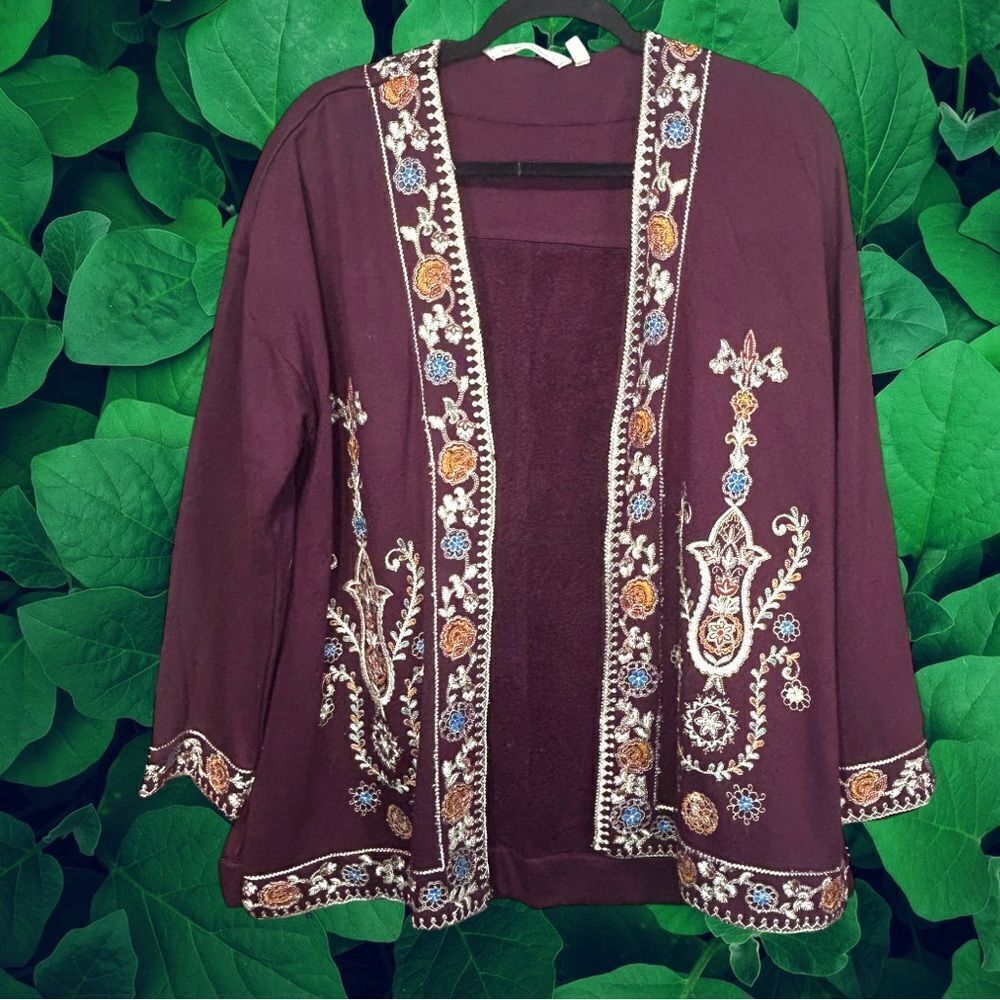 Soft Surroundings Burgundy‎ Purple Embroidered Fleece Lined Cardigan Large